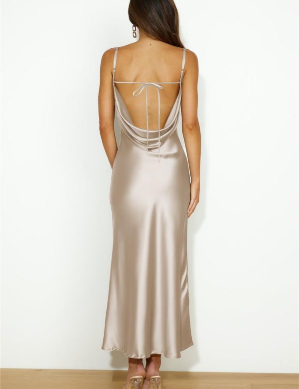 Summer Satin Spaghetti Strap Cowl Neck Backless Midi Dresses for Women Elegant Tie Low Back Ruched Cocktail Dress - Image 2
