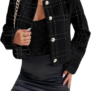 2025 Women Spring Cropped Blazer Jacket Tweed Plaid Open Front Collarless Casual Business Office Suit Pockets