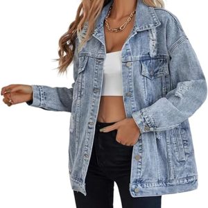 Women long oversized denim jacket boyfriend ripped distressed jean jackets coat